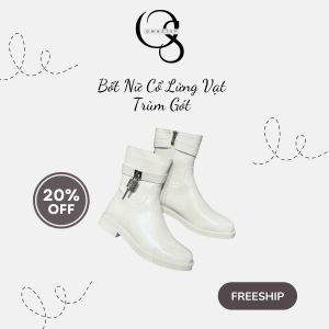 Bốt Nữ Cổ Lửng Vạt Trùm Gót, Đai Khóa Kim Loại, Đế Bệt 2cm Cao Cấp, Hàng QC Fullbox