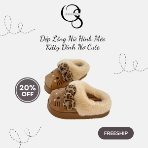 Dép Lông Nữ Hình Mèo Kitty Đính Nơ Cute, Dép Đi Trong Nhà Mùa Đông Đế Cao 4cm Êm Ấm