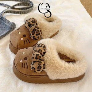 Alternative view of Dép Lông Nữ Hình Mèo Kitty Đính Nơ Cute, Dép Đi Trong Nhà Mùa Đông Đế Cao 4cm Êm Ấm