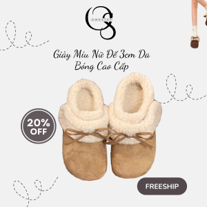 Dép sục lông cừu nữ quai dán phối nơ xinh, siêu êm ái, giữ ấm tốt, QCCC FULLBOX
