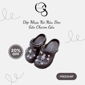 Dép Nhựa Nữ Màu Đen Gắn Charm Gấu & Đá Lấp Lánh, Dép Nhựa Mềm Quai Hậu, Phong Cách Cute Hàn Quốc