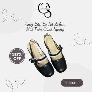 Giày Búp Bê Nữ Lolita Mũi Tròn Quai Ngang Ren Gắn Nơ, Hở Gót Đế 2cm Màu Đen/Kem