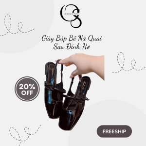 Giày Búp Bê Nữ Quai Sau Đính Nơ, Giày Búp Bê Hở Gót Mũi Vuông Đế 2cm Màu Đen/Kem