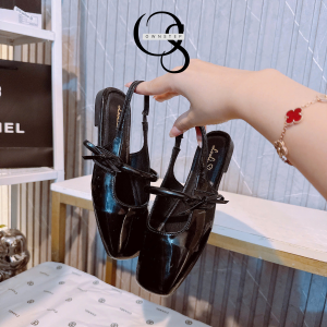 Alternative view of Giày Búp Bê Nữ Quai Sau Đính Nơ, Giày Búp Bê Hở Gót Mũi Vuông Đế 2cm Màu Đen/Kem