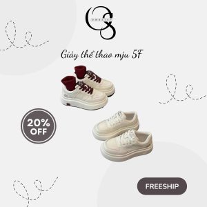 Giày Thể Thao Nữ  Đế Độn Tăng Chiều Cao, Da Mềm Êm Chân, Trắng – Trắng Đỏ